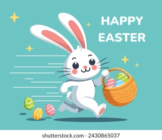 Happy Easter greeting card with cute white bunny and eggs. Vector illustration