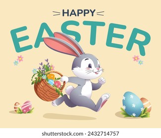 Happy Easter greeting card with cute white bunny and eggs. Vector illustration