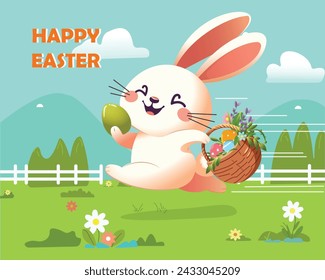 Happy Easter greeting card with cute white bunny and eggs. Vector illustration