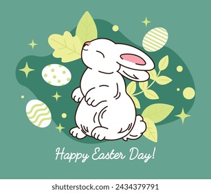 Frohe Ostern Grußkarte. Nette Kaninchen Vektor-Illustration auf hellgrünem Hintergrund mit floralen Elementen. Ostern Cartoon Hand gezeichnete Skizzen von Kaninchen. Frohe Osterelemente.