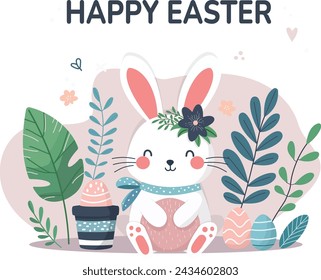 Happy Easter greeting card with cute girl bunny and eggs and plants. Vector illustration