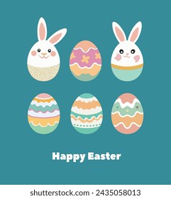 Happy Easter greeting card with cute white bunny and eggs. Rabbit and eggs Easter clipart character, eggs with bunny ears and funny faces. Animal wildlife holidays cartoon. -Vector.