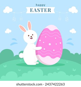 Tarjeta de felicitación de Pascua feliz con conejito lindo y huevo. Ilustración vectorial.