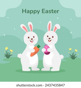 Tarjeta de felicitación de Pascua feliz con conejitos lindos que sostienen huevos y zanahoria. Ilustración de vector