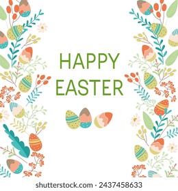 Happy Easter greeting card. Cute spring background with eggs and plants, flowers. Colorful flat vector templates for social media post, online advertising, flyer, invitation square design