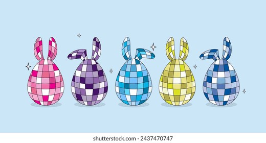 Happy Easter greeting card with cute disco eggs. Holidays cartoon in retro style.