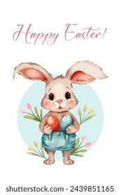 Happy Easter greeting card with a cute bunny with Ester eggs and spring flowers. Ready made print