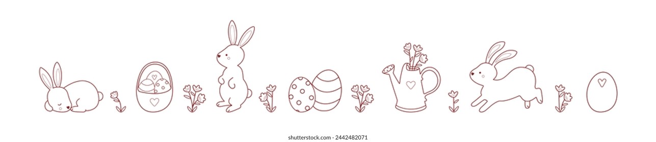 Happy Easter greeting card with cute white rabbit and eggs. Rabbit character set. Cartoon about wild animal holidays.
