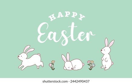 Happy Easter greeting card with cute white rabbit and eggs. Rabbit character set. Cartoon about wild animal holidays.