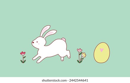 Happy Easter greeting card with cute white rabbit and eggs. Rabbit character set. Cartoon about wild animal holidays.