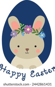 Happy Easter greeting card with cute bunny in egg. Vector illustration in flat style