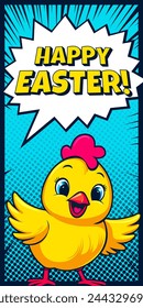 Happy Easter greeting card with cute chicken, chickling, chick in pop art style. Festive Easter banner with poult in comics style. Paschal holiday flyer comic book phrase and text in starbursts. chick