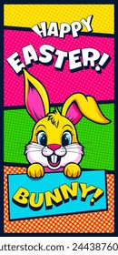 Happy Easter greeting card with cute rabbit, bunny ears in pop art style. Festive Easter banner in comics style. Paschal holiday flyer comics book phrase and text in starbursts. Easter comic word