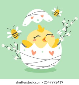 Happy Easter greeting card with cute yellow chick, white egg, bee, white flowers. Adorable animal holiday cartoon flat character Vector