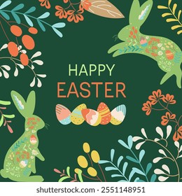 Happy Easter greeting card. Cute spring background with rabbits, eggs, flowers. Colorful flat vector templates for social media post, online advertising, flyer, invitation square design