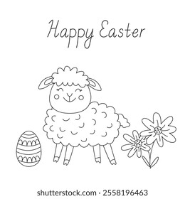 Happy Easter greeting card with a cute smiling lamb, egg and flowers. Vector illustration and lettering in doodle hand drawn style, black outline. Great for coloring.