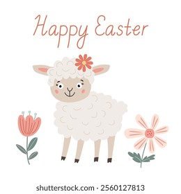 Happy Easter greeting card with a cute little sheep and pink flowers. Vector illustration and lettering in hand drawn flat style, pastel colors.