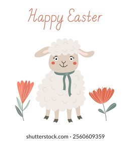 Happy Easter greeting card with a cute little lamb and flowers. Vector illustration and lettering in hand drawn flat style, pastel colors.