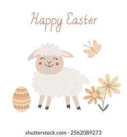 Happy Easter greeting card with a cute smiling lamb, egg, butterfly and flowers. Vector illustration and lettering hand drawn flat style, pastel colors