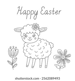 Happy Easter greeting card with a cute smiling lamb and flowers. Vector illustration and lettering in doodle hand drawn style, black outline. Great for coloring.