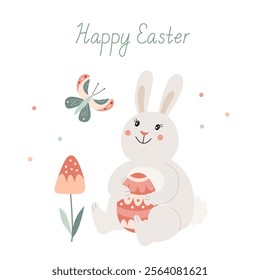 Happy Easter greeting card with a cute smiling bunny with an easter egg, a butterfly and flower. Vector illustration and lettering in hand drawn flat style, pastel colors