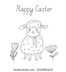 Happy Easter greeting card with a cute little lamb and flowers. Vector illustration and lettering in doodle hand drawn style, black outline. Great for coloring.