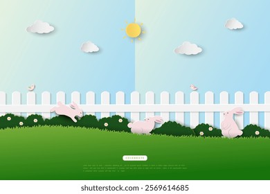 Happy Easter greeting card with cute rabbits happy on spring garden,vector illustration