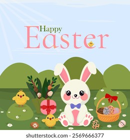 Happy Easter greeting card. Cute Easter bunny with Easter eggs, bow, gift box, bouquet, funny chicks and flowers in spring meadow. Flat design illustration