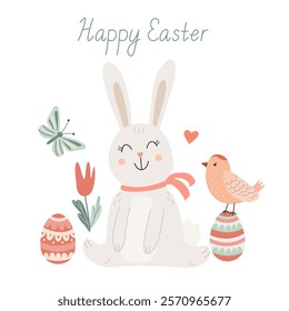 Happy Easter greeting card with a cute smiling bunny with an easter egg, a butterfly and flower. Vector illustration and lettering in hand drawn flat style, pastel colors