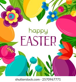 Happy Easter greeting card. Cute eggs and flowers for celebration.