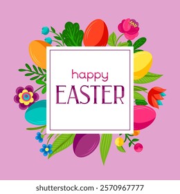 Happy Easter greeting card. Cute eggs and flowers for celebration.