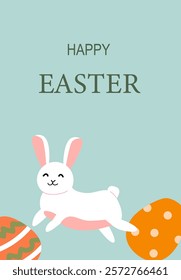 Happy easter greeting card with cute bunny and colorful eggs.