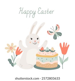 Happy Easter greeting card with a cute smiling bunny, an easter cake,  a butterfly and flowers. Vector illustration and lettering in hand drawn flat style, pastel colors