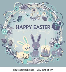 Happy Easter greeting card with cute bunnies and eggs. Vector illustration.