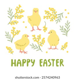 Happy Easter greeting card with cute chickens and mimosa branches. Green and yellow colors on white. Spring background for printing on fabric and paper. Vector designs elements set. Flat illustration.