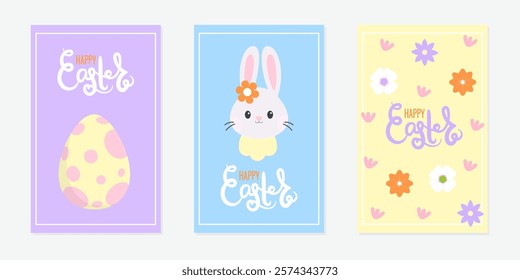 Happy Easter greeting card with cute colorful eggs, flowers and bunny. Set of vector designs with hand lettering and Easter elements in minimalist style.