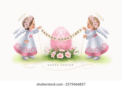 Happy Easter greeting card with cute angels in beautiful dresses and flower wreaths hold garland in front of decorated egg on grass with flowers