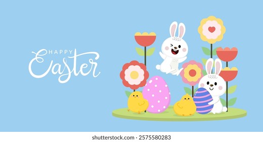 Happy Easter greeting card with cute yellow chick, colourful eggs, bunny and rabbit. Animal wildlife holiday cartoon character. -Vector.