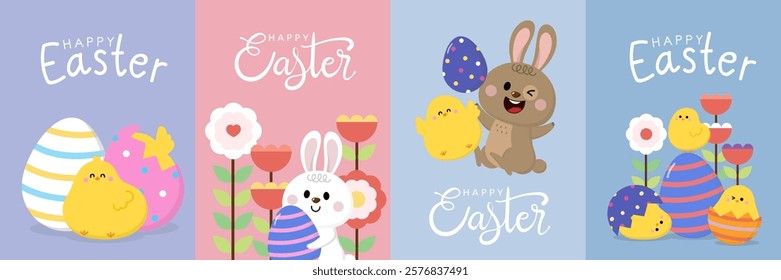 Happy Easter greeting card with cute yellow chick, colourful eggs, bunny and rabbit. Animal wildlife holiday cartoon character. -Vector.