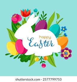 Happy Easter greeting card. Cute eggs and flowers for celebration.