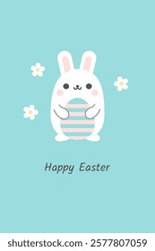 Happy Easter greeting card with cute Easter bunny, Easter egg, flowers minimalist vector illustration. Cartoon character in kawaii style and elegant pastel colors. Postcard, banner, ads flyer template