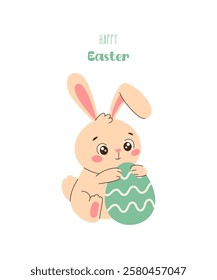 Happy Easter greeting card with cute bunny and Easter egg. Cute Easter rabbit holding colorful egg. Hand drawn style vector illustration