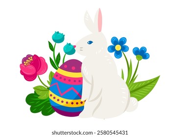 Happy Easter greeting card. Cute bunny, egg and flowers for celebration.