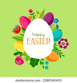 Tarjeta de felicitación de Pascua feliz. Lindos huevos y flores para la celebración.