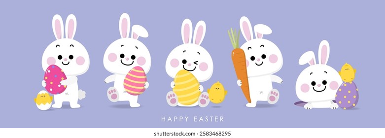 Happy Easter greeting card with cute yellow chick, colourful eggs, bunny and rabbit. Animal wildlife holiday cartoon character. -Vector.