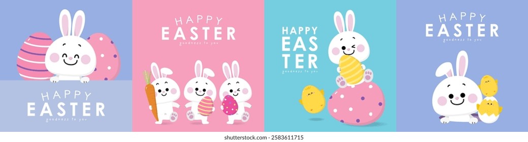 Happy Easter greeting card with cute yellow chick, colourful eggs, bunny and rabbit. Animal wildlife holiday cartoon character. -Vector.