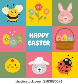 Happy Easter greeting card with cute bunny sheep chicken, Easter basket and eggs. Easter background, cute holiday clip art, greeting card, poster with funny spring motive.