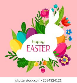 Happy Easter greeting card. Cute eggs and flowers for celebration.