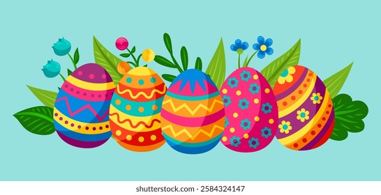 Frohe Ostern Grußkarte. Süße Eier und Blumen zum Feiern.