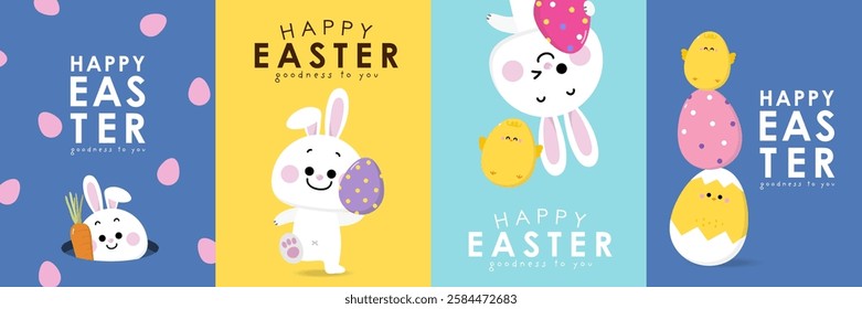 Happy Easter greeting card with cute yellow chick, colourful eggs, bunny and rabbit. Animal wildlife holiday cartoon character. -Vector.